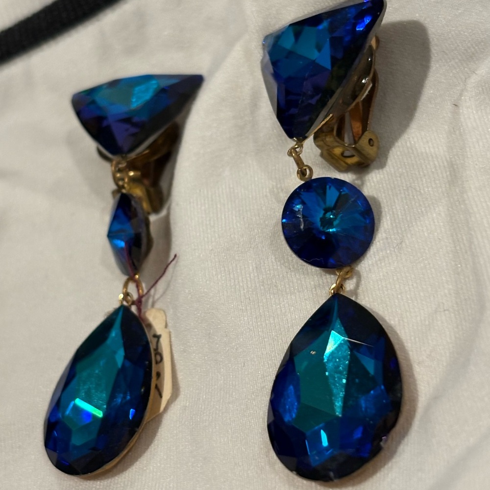 Vintage Triple Blue Loaded Swarovski Crystal Drop Elegant Earring 3 1/4 L New
